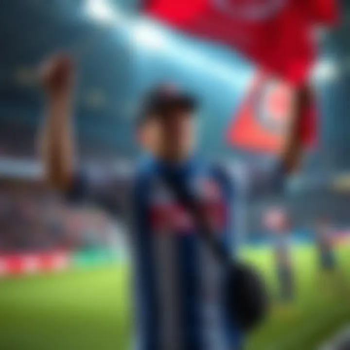 A fan wearing a jersey and holding a flag, ready for the game