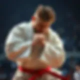 Powerful Grip Technique in Judo A judoka displaying a powerful grip technique during a match
