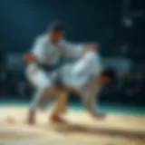 Dynamic judo match showcasing agility and technique