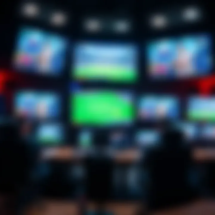 A vibrant sports broadcast setup showcasing multiple screens